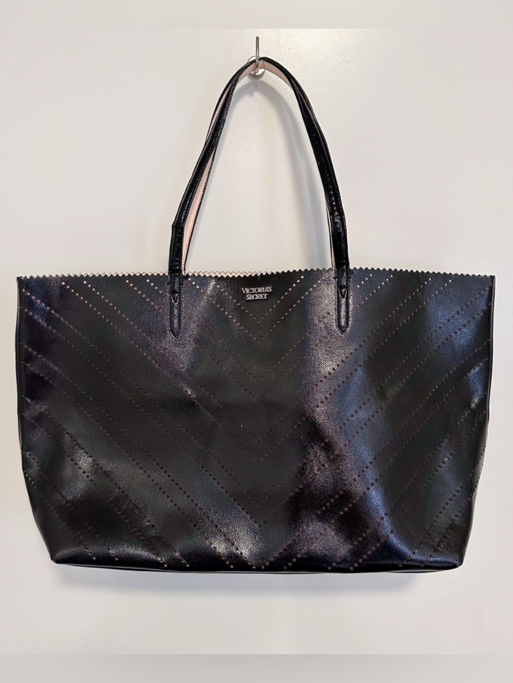 Victoria's Secret Black Faux Patent Leather Perforated Tote
